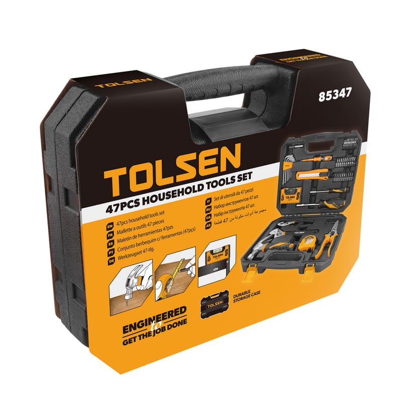 TOLSEN 47-piece household tools set in a black storage case with a descriptive retail cardboard sleeve showing usage applications.