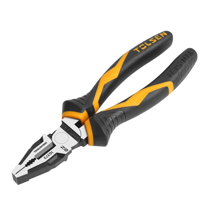 Angled full view of the TOLSEN 8-inch High-Leverage Combination Pliers, featuring closed jaws and two-component ergonomic black and orange handles.