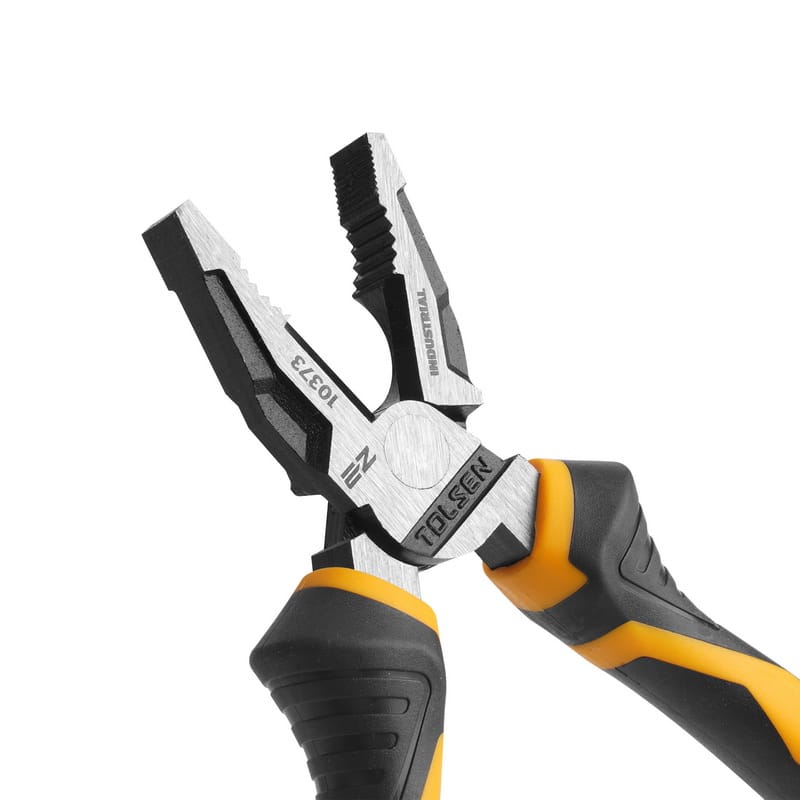Extreme close-up of the TOLSEN High-Leverage Combination Pliers head, detailing the precision-machined serrated jaws, pipe grip, wire cutter, and EZ industrial engravings.