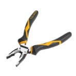 Angled view of the TOLSEN industrial combination pliers with jaws open, revealing the serrated gripping surface and sharp cutting edges.