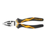 Full flat profile view of the TOLSEN 8-inch combination pliers in an open position, displaying the overall proportions and GripPro handle design.