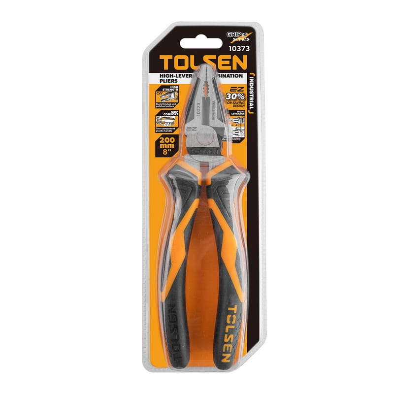 TOLSEN 8-inch High-Leverage Combination Pliers in GripPro series blister packaging, highlighting the CrV material and EZ 30% labor-saving design.