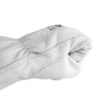 Close-up side view of a TOLSEN cowhide leather work glove, highlighting the natural leather grain texture and durable double-stitched seams.