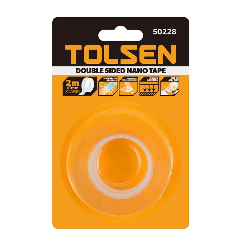 TOLSEN Double Sided Nano Tape (2m length, 1.9cm width) in retail packaging, highlighting washable, reusable, and no-residue features.