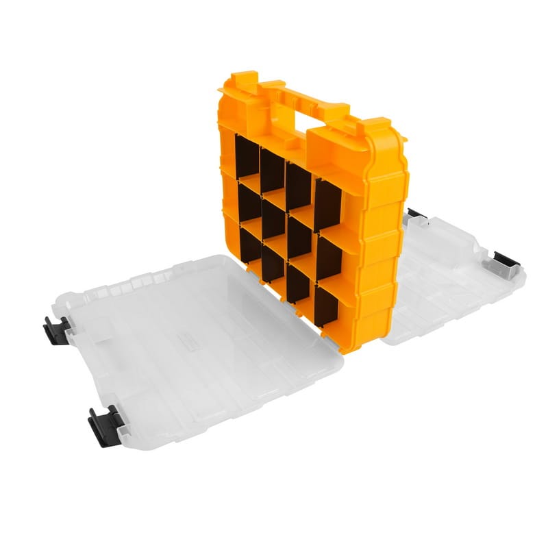 Fully open view of the TOLSEN double-sided parts organizer, showing both transparent lids open and the orange central divider.