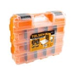TOLSEN dual-sided plastic organizer box shrink-wrapped with product label, highlighting 34 compartments and pure PP material.