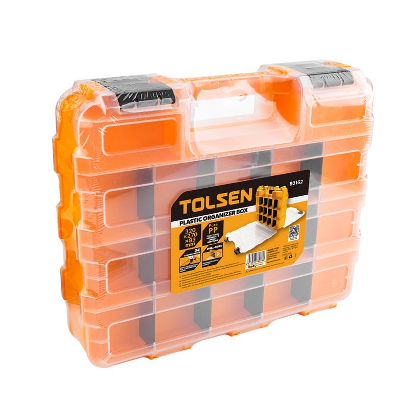 TOLSEN dual-sided plastic organizer box shrink-wrapped with product label, highlighting 34 compartments and pure PP material.