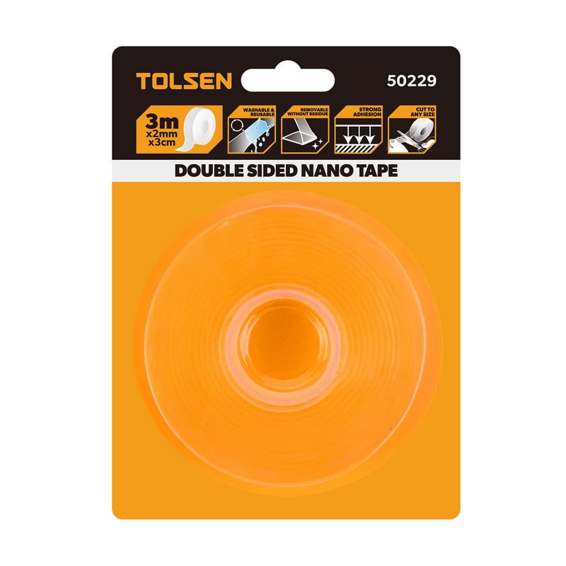 TOLSEN Double Sided Nano Tape (3m length, 3cm width, 2mm thick) in retail packaging, designed for heavy-duty mounting.