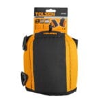 TOLSEN black and yellow heavy-duty work knee pads attached to a retail header card, highlighting EVA foam and double strap design features.