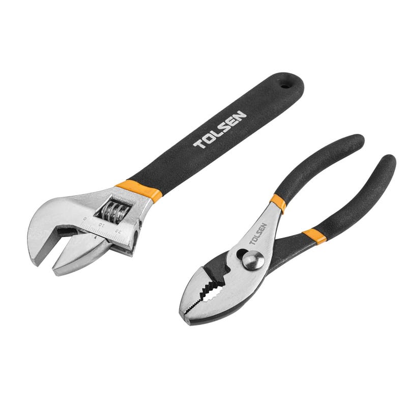 Adjustable wrench and slip-joint pliers featuring comfortable black and orange grips from the TOLSEN 47-piece tool kit.