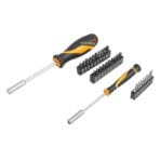 Ergonomic standard and precision bit driver handles shown alongside interchangeable bits from the TOLSEN household tool set.