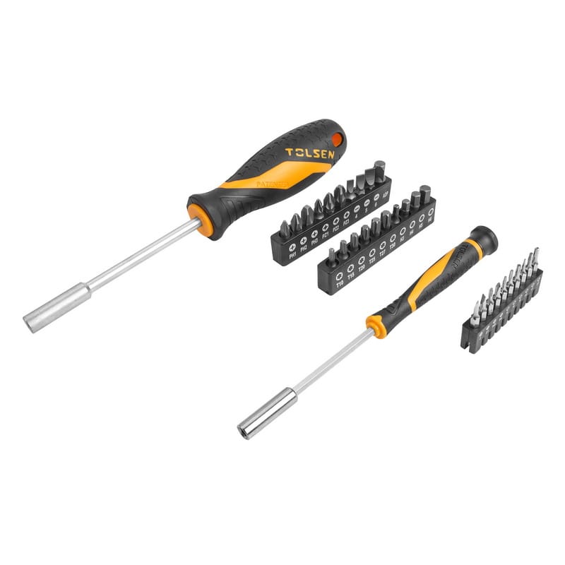 Ergonomic standard and precision bit driver handles shown alongside interchangeable bits from the TOLSEN household tool set.