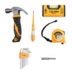 Essential hand tools including a claw hammer, 3m tape measure, voltage tester pen, and hex key set from the TOLSEN tool kit.