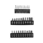 Detailed view of the comprehensive screwdriver bit assortment and rubber holders included in the TOLSEN home DIY tool kit.