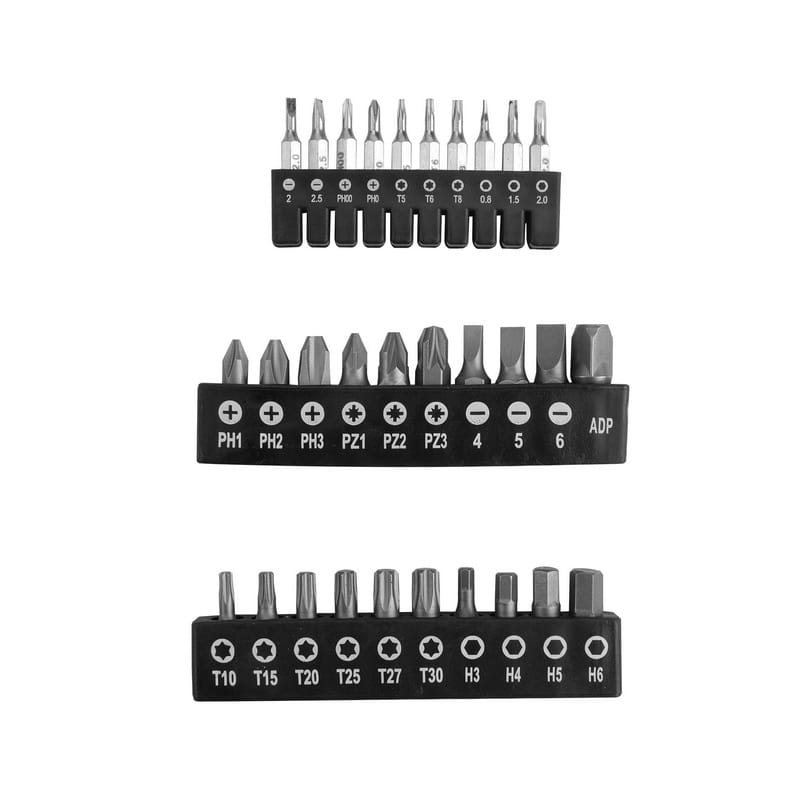 Detailed view of the comprehensive screwdriver bit assortment and rubber holders included in the TOLSEN home DIY tool kit.