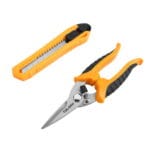 Snap-off blade utility knife and heavy-duty multipurpose shears included in the TOLSEN household tools set.