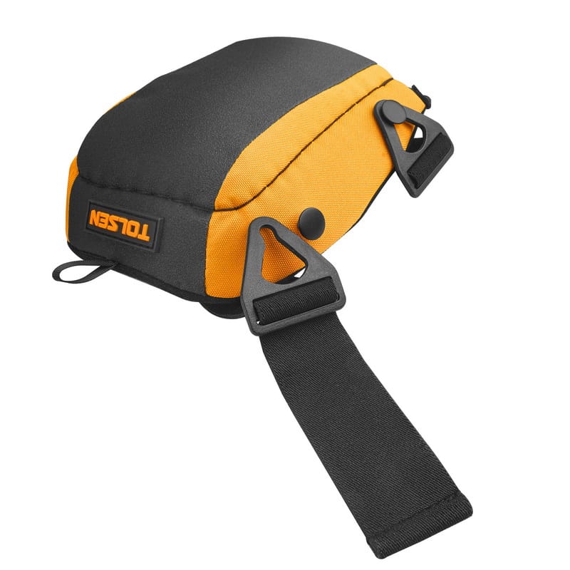 Angled side profile of a TOLSEN knee pad, highlighting the thick protective cushioning and the triangular plastic buckle for strap attachment.