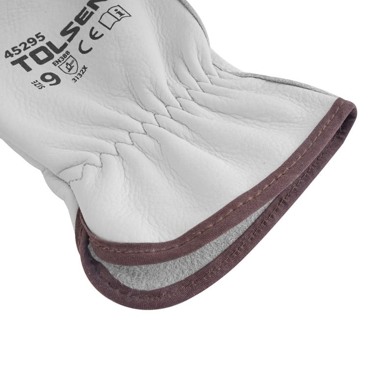 Close-up detail of the TOLSEN leather work glove showing the shirred elastic wrist, brown fabric hem binding, and soft suede interior.
