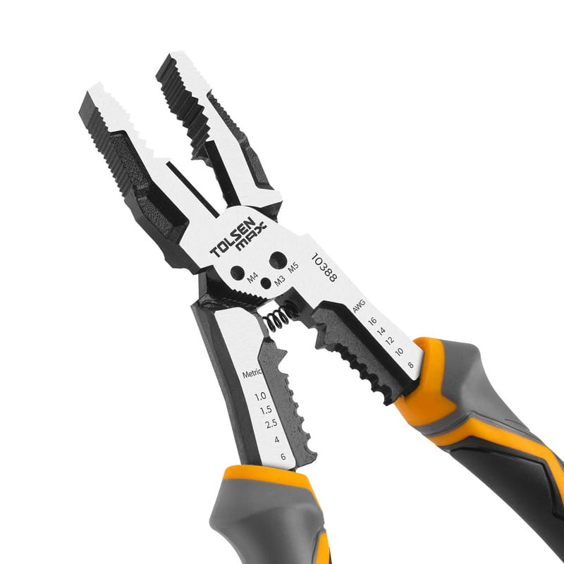 Close-up of the TOLSEN MAX Series 9-inch Multi-Function Combination Pliers head, clearly showing wire stripping holes, screw cutters, AWG/Metric scales, and the internal spring.