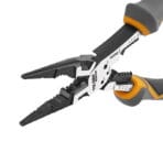 Detailed angled view of the open jaws on the TOLSEN MAX Series long nose pliers, displaying the fine serrated gripping tips designed for tight spaces.