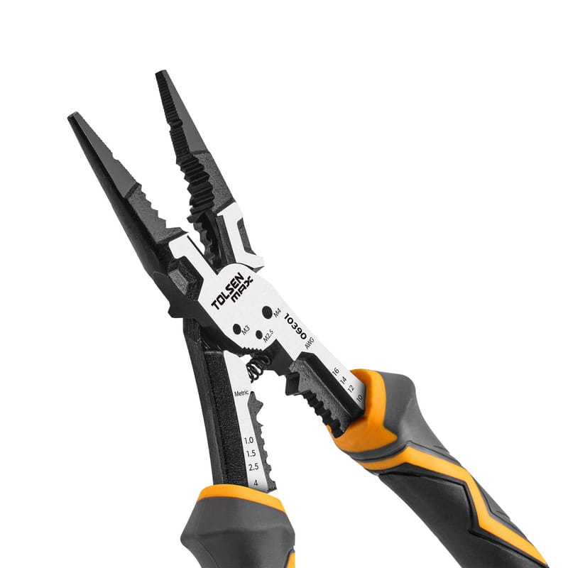Close-up view of the TOLSEN MAX Series 9-inch long nose pliers head, showing the open jaws, wire stripping holes, screw cutters, and internal spring.