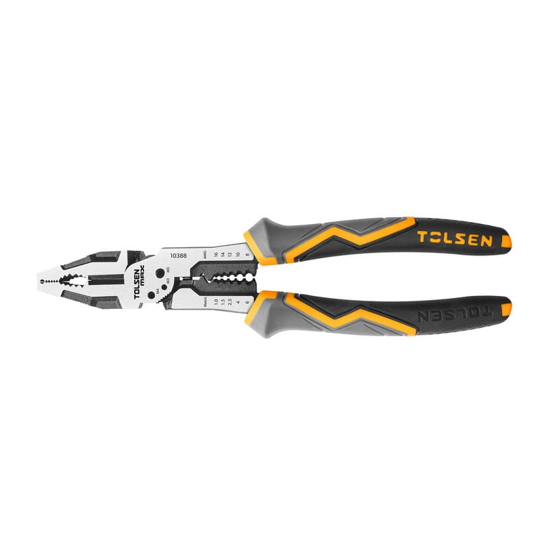 Full flat profile view of the TOLSEN MAX Series 9-inch Multi-Function Combination Pliers, featuring the premium two-tone ergonomic grips and robust tool design.