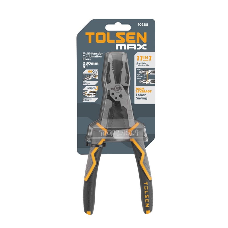 TOLSEN MAX Series 9-inch Multi-Function Combination Pliers in retail packaging, highlighting the 11-in-1 versatile features and high-leverage labor-saving design.