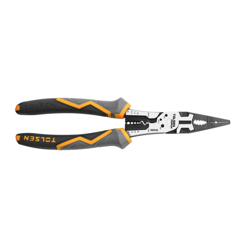Full flat profile view of the TOLSEN MAX Series 9-inch Multi-Function Long Nose Pliers, featuring the premium two-tone ergonomic grips and long reach design.