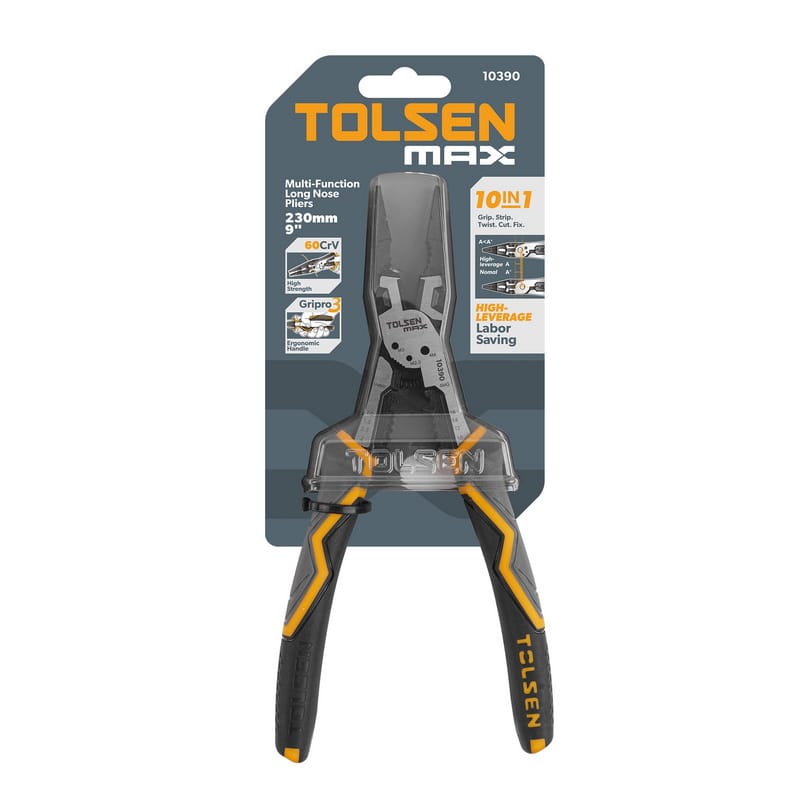 TOLSEN MAX Series 9-inch Multi-Function Long Nose Pliers in retail packaging, highlighting the 10-in-1 versatile features and high-leverage design.