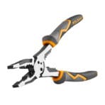 Angled view of the TOLSEN MAX Series multi-function combination pliers with jaws open, displaying the aggressive textured gripping surface and precision cutting edges.