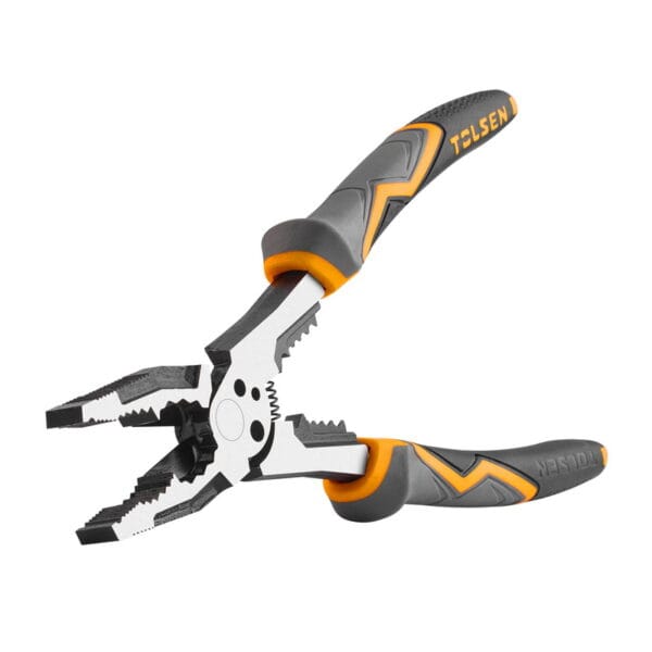 Angled view of the TOLSEN MAX Series multi-function combination pliers with jaws open, displaying the aggressive textured gripping surface and precision cutting edges.