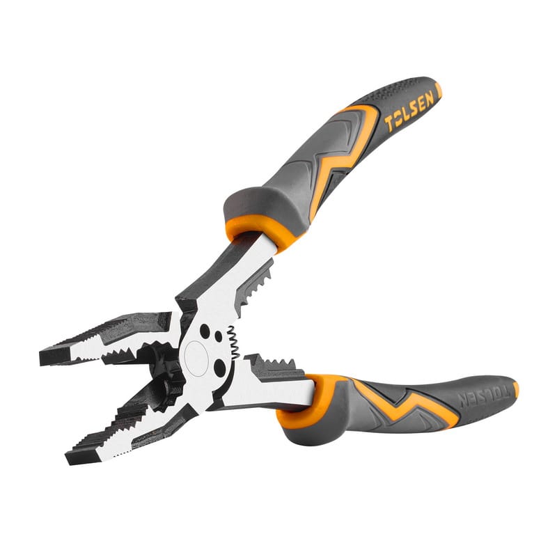 Angled view of the TOLSEN MAX Series multi-function combination pliers with jaws open, displaying the aggressive textured gripping surface and precision cutting edges.