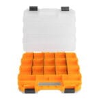 Top view of one open side of the TOLSEN plastic organizer box, displaying the customizable grid with removable black dividers.