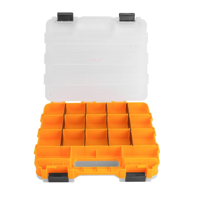 Top view of one open side of the TOLSEN plastic organizer box, displaying the customizable grid with removable black dividers.