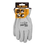 TOLSEN premium cowhide leather work glove attached to a retail display card, indicating size 9/L and EN388 safety certification.