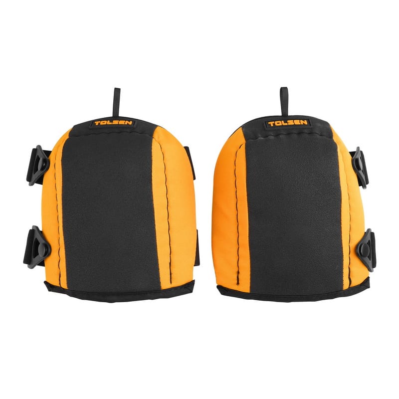 Front view of a pair of TOLSEN protective knee pads, showing the durable black front panel and yellow fabric edges.