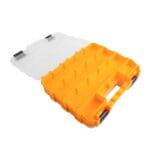 Angled view of the TOLSEN tool parts storage box with the clear lid open, showing the empty orange compartments and black locking latches.