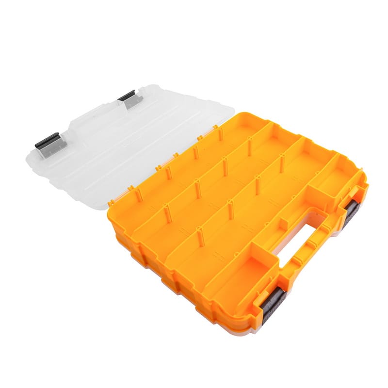Angled view of the TOLSEN tool parts storage box with the clear lid open, showing the empty orange compartments and black locking latches.