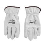 Pair of white TOLSEN cowhide leather work gloves laid flat showing the back of the hands, printed logos, and elastic shirred wrists.