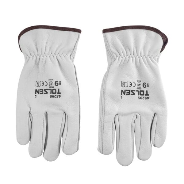 Pair of white TOLSEN cowhide leather work gloves laid flat showing the back of the hands, printed logos, and elastic shirred wrists.