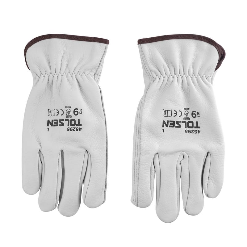 Pair of white TOLSEN cowhide leather work gloves laid flat showing the back of the hands, printed logos, and elastic shirred wrists.