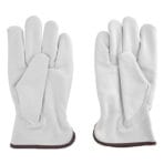 Palm view of a pair of TOLSEN white cowhide leather work gloves, showcasing the smooth palm surface and ergonomic thumb design.