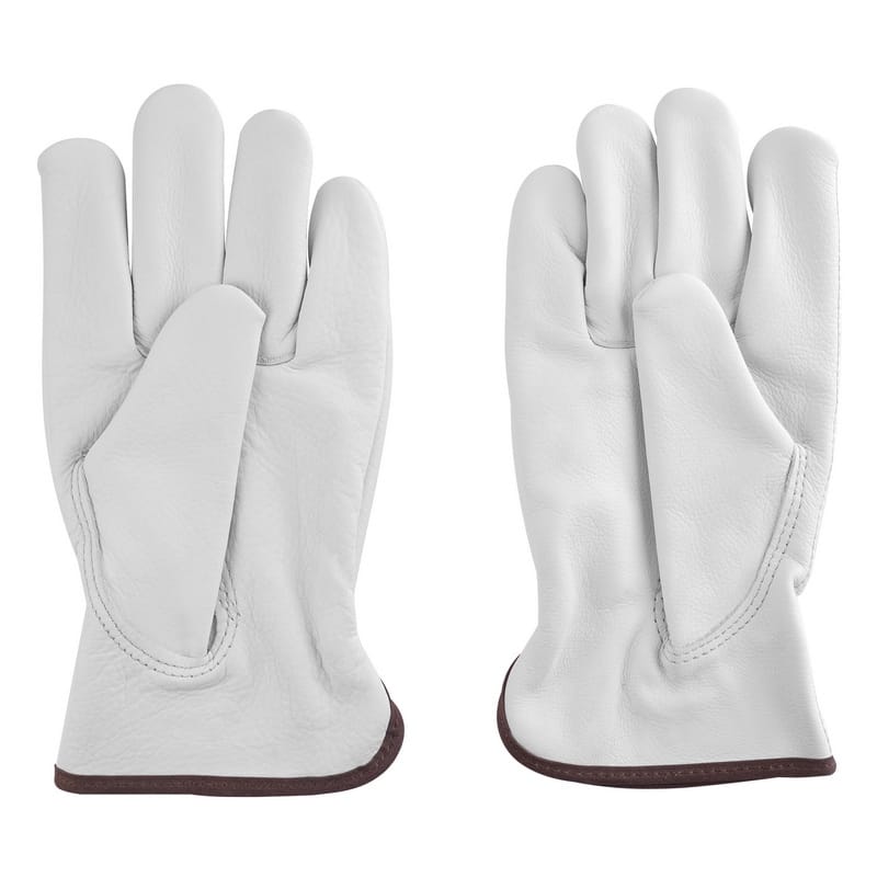 Palm view of a pair of TOLSEN white cowhide leather work gloves, showcasing the smooth palm surface and ergonomic thumb design.