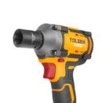 Close-up angled view of the TOLSEN 400Nm impact wrench with a 21mm heavy-duty impact socket installed on the 1/2-inch square drive, ready for automotive repair.