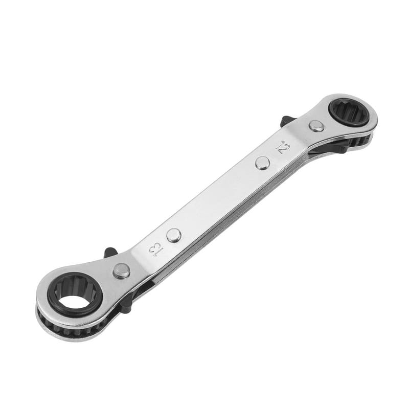 Full view of a single TOLSEN double-head ratchet wrench from the set, featuring a 12mm and 13mm box end with reversible levers.