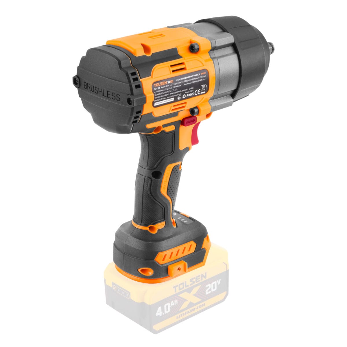 TOLSEN 20V Brushless Cordless 1/2" Impact Wrench 1000 N·m Rear View with Spec Plate and Cooling Vents