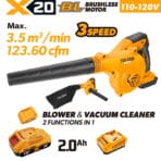 TOLSEN 20V brushless cordless 2-in-1 blower and vacuum cleaner kit, featuring a powerful 123.60 cfm max airflow, displayed with a 2.0Ah lithium-ion battery, charger, and dust collection bag for 110-120v market.