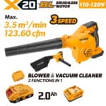 TOLSEN 20V brushless cordless 2-in-1 blower and vacuum cleaner kit, featuring a powerful 123.60 cfm max airflow, displayed with a 2.0Ah lithium-ion battery, charger, and dust collection bag for 110-120v market.