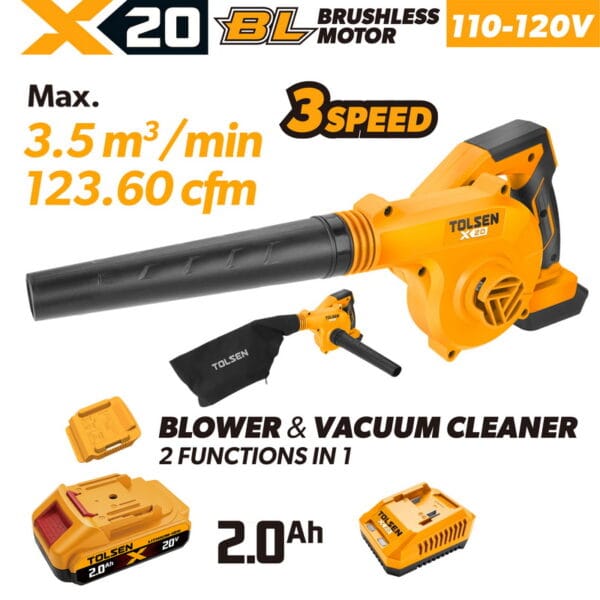 TOLSEN 20V brushless cordless 2-in-1 blower and vacuum cleaner kit, featuring a powerful 123.60 cfm max airflow, displayed with a 2.0Ah lithium-ion battery, charger, and dust collection bag for 110-120v market.