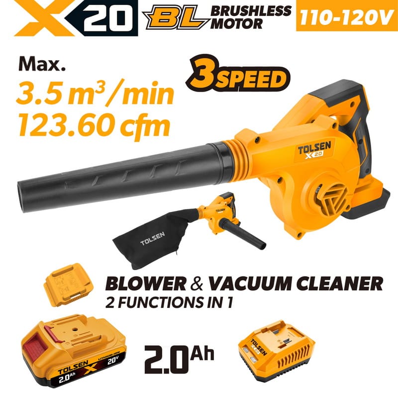 TOLSEN 20V brushless cordless 2-in-1 blower and vacuum cleaner kit, featuring a powerful 123.60 cfm max airflow, displayed with a 2.0Ah lithium-ion battery, charger, and dust collection bag for 110-120v market.